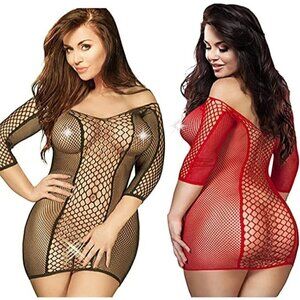PLUS Size Seamless Fishnet Chemise Sexy Lingerie Mesh Long Sleeves Babydoll NWT
